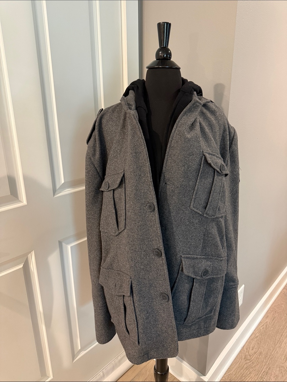 BKE Men's Gray Military-Style Hooded Field Jacket